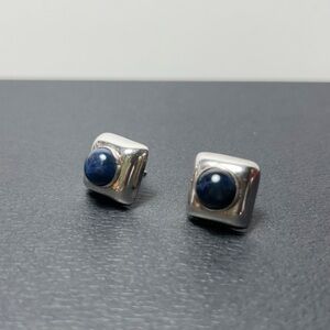 Vintage Modernist Sterling Silver 925 Lapis Blue Earrings Rounded Square Studs